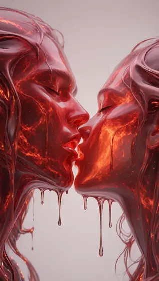 A surreal and ethereal close-up of two human faces, a male and a female, made of translucent, liquid-like glass or red m