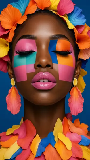 in the artstyle of Bisa Butler Ultra-detailed editorial fashion portrait, close-up centered headshot of a Black woman wi