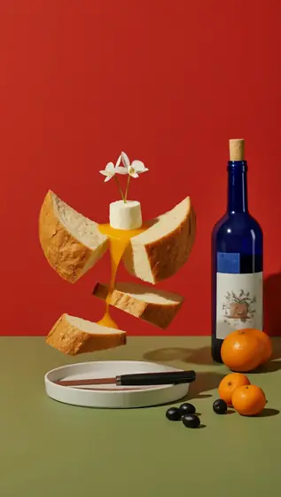 A studio editorial image with three sliced pieces of bread floating in a wide-spaced, horizontally aligned centered arra