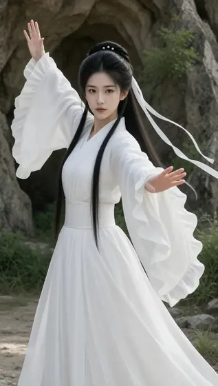 masterpiece，8k，超写实影视剧照，真人写真，竖画幅，中全景， 清冷年轻东方女子，小龙女造型，武侠武术打斗姿态，一只手臂高高抬起，另一只手臂向前伸出，手掌张开， 乌黑浓密超长黑发，头顶两侧编发盘起，头顶点缀三颗细小白色珍珠，后方乌