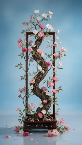 commercial photography of Chinese Qing Dynasty girl, in a rich floral fragrance, placed in an elegant wooden stand that 
