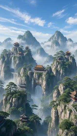 Where Chinese gods live, 3D landscape, summer, mountains, strange, shocking, cliffs, pavilions, Chinese palace, mist, sp
