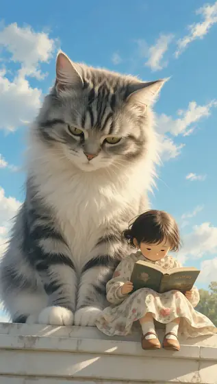 蓝天，一只巨大可爱的猫，一个小女孩静静地在猫旁边看书，画面温馨