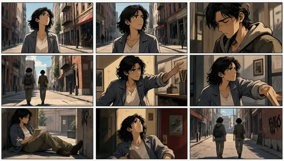 narrative digital illustration, animated film storyboard style, a sequence of scenes where the main character moves thro
