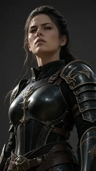 powerful and cold female warrior close-up, low angle shot, black armor with golden details, fierce and defiant gaze, sli