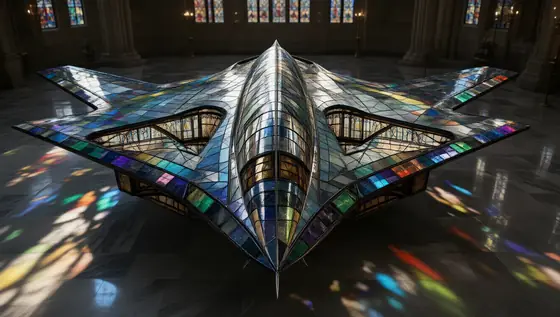 B2 stealth bomber transformed into a cathedral stained glass artwork, keeping the aircraft’s silhouette and main structu