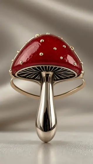 a refined mushroom-shaped brooch product shot, metallic frame holding a red gem-like mushroom cap, tiny reflections and 