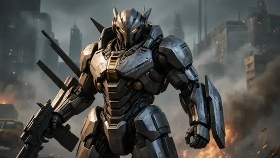 futuristic sci-fi mech warrior, full body armor, complex mechanical structure, premium metallic materials, strong cold-w