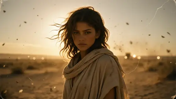 Expired Kodak 35mm film photo of a Zendaya-like woman standing in the desert, inspired by the Dune movie, golden hour ba