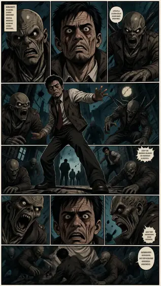 [SUBJECT] in a horror comic anthology scene, surrounded by eerie settings and grotesque creatures, unsettling atmosphere