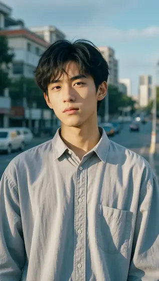 a young person portrait standing outdoors, half-body composition, looking straight at the camera, natural relaxed pose, 