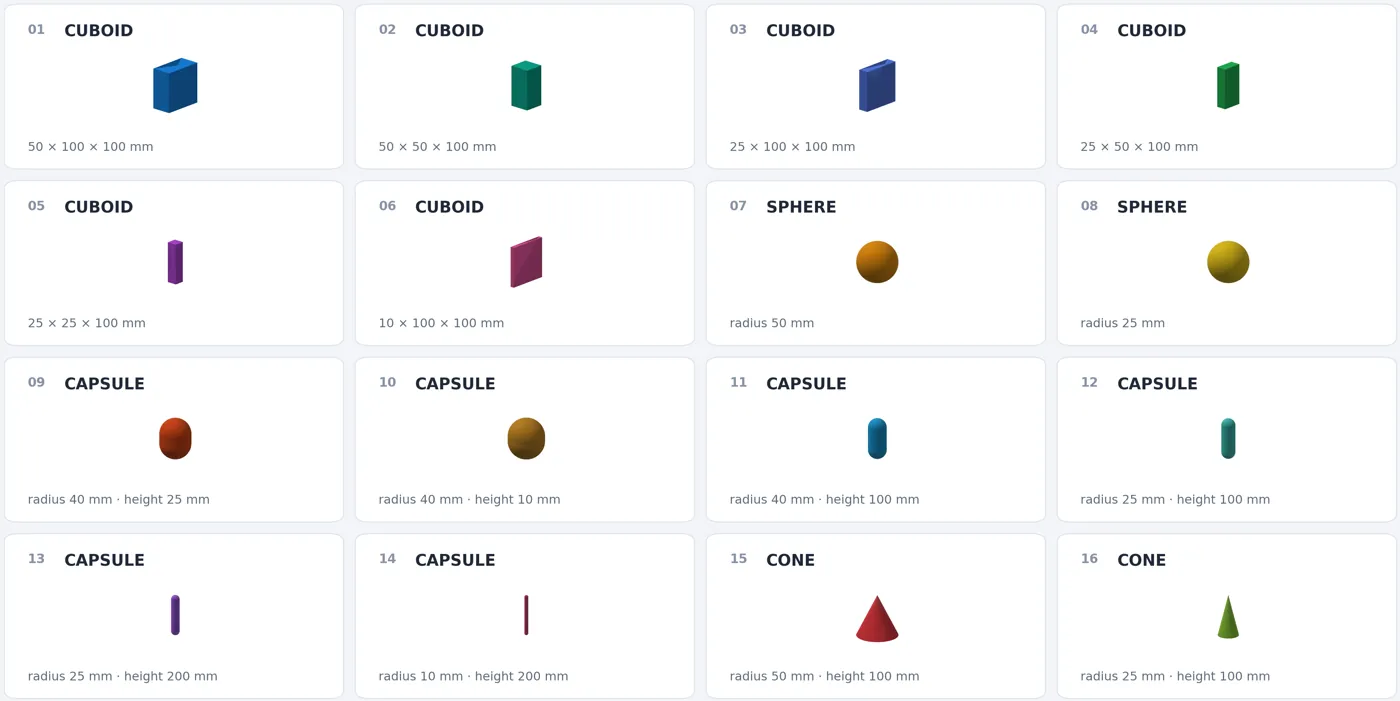 The 16 primitive objects used for pre-training