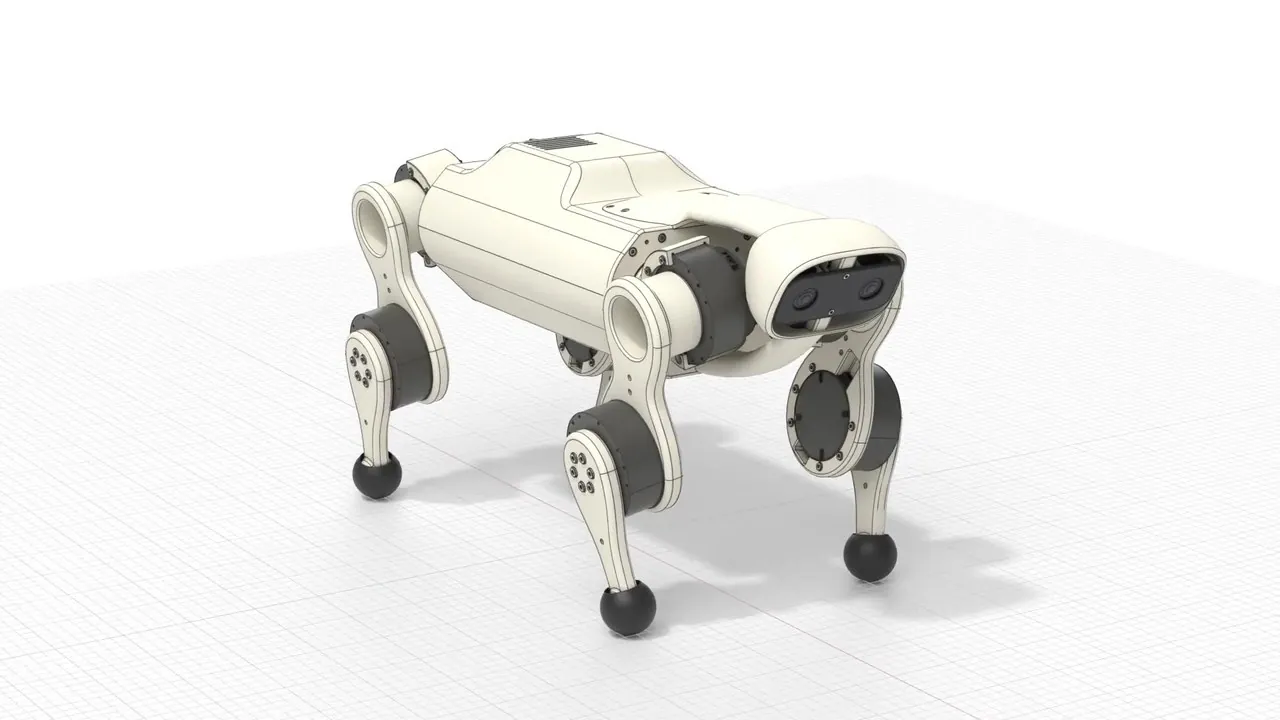 CAD render of a quadruped robot modelled in build123d: cream-coloured shell and leg links, cylindrical actuators at hip and knee, spherical feet, stereo camera head, standing on a light grid plane