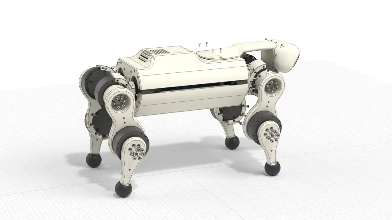 Rear three-quarter CAD view of the quadruped with the shell closed and a few socket head cap screws floating above their holes on the top deck, leg actuator stacks and screw patterns visible on the leg links
