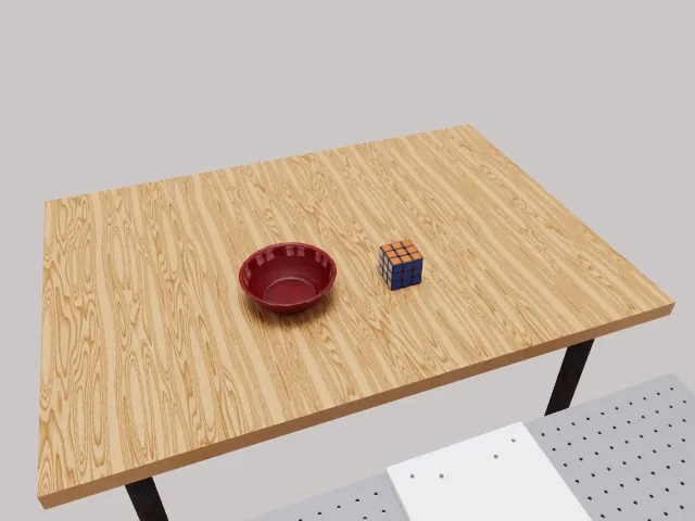 RoboLab 场景：桌面上的红碗与魔方。