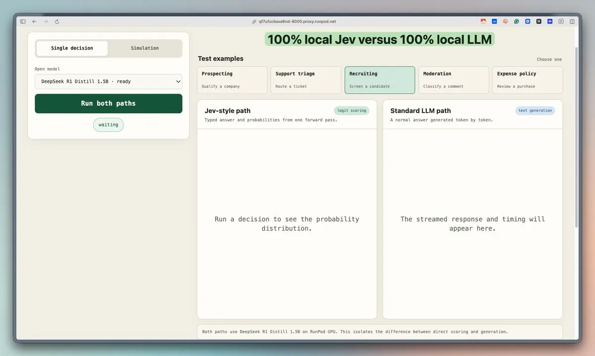 Benchmark UI: 100% local Jev versus 100% local LLM, two lanes side by side