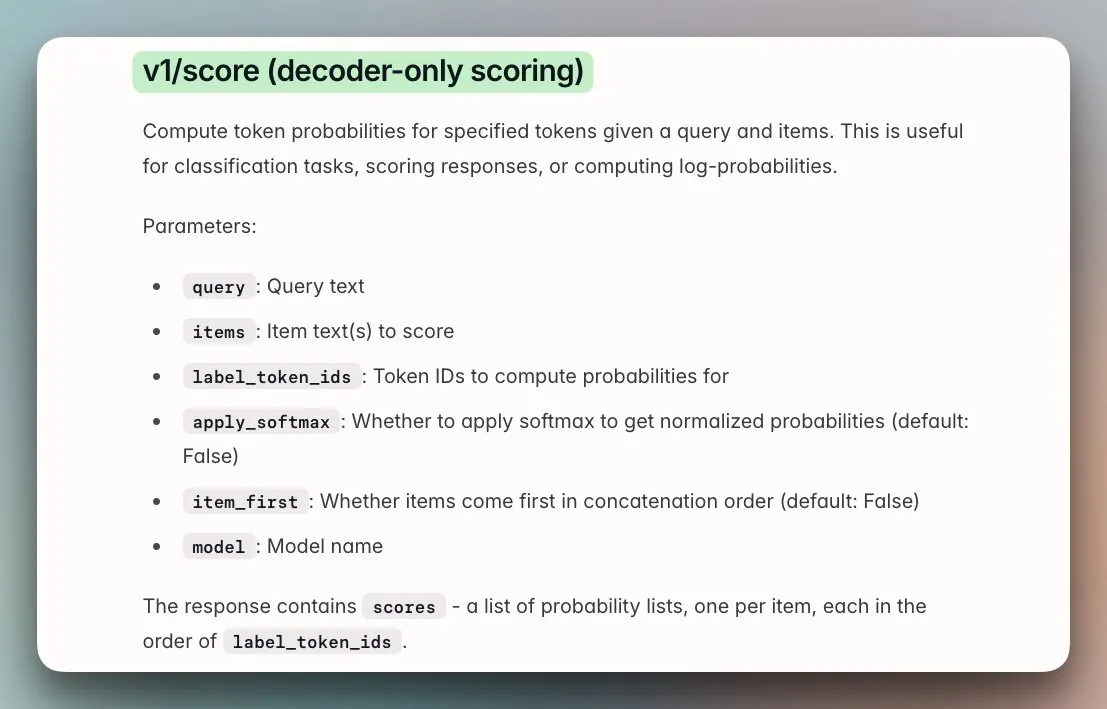 SGLang /v1/score endpoint reference card
