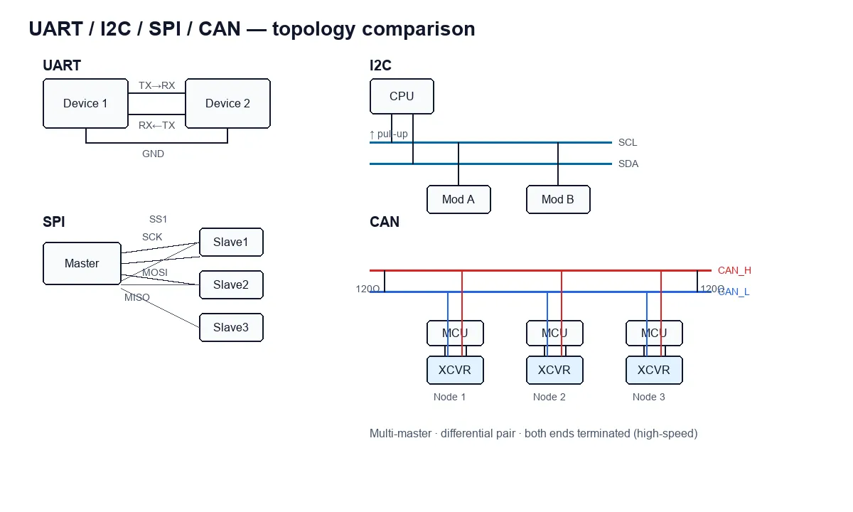 UART I2C SPI CAN topology comparison