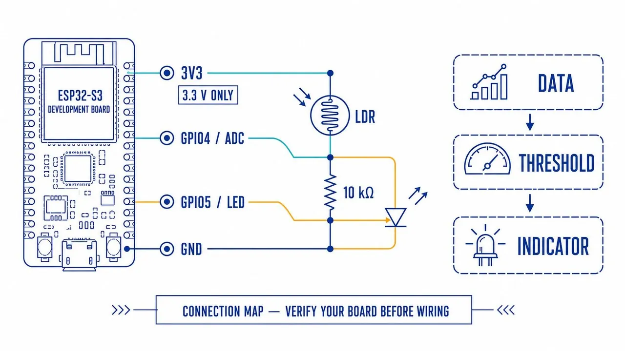 ESP32-S3 黄昏灯接线图：光敏电阻分压接 GPIO4，LED 经限流电阻接 GPIO5。