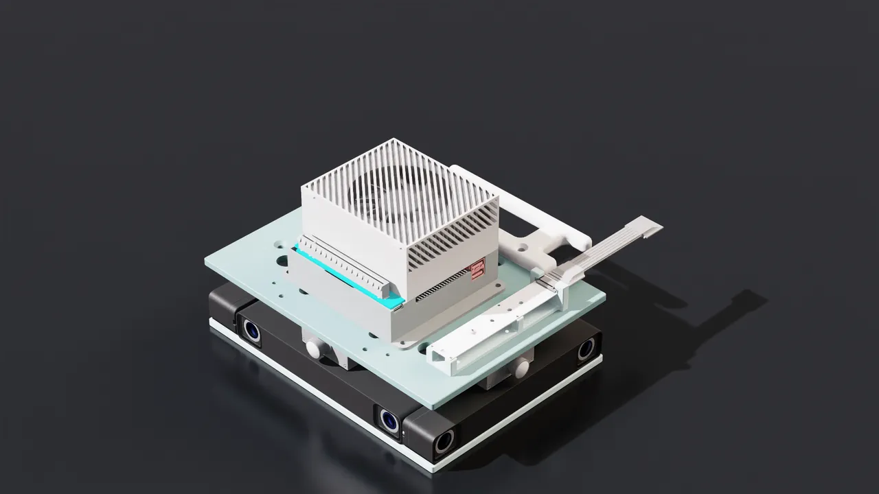 The Nova Carter development kit in Isaac Sim with LiDAR and cameras mounted on top and around the chassis