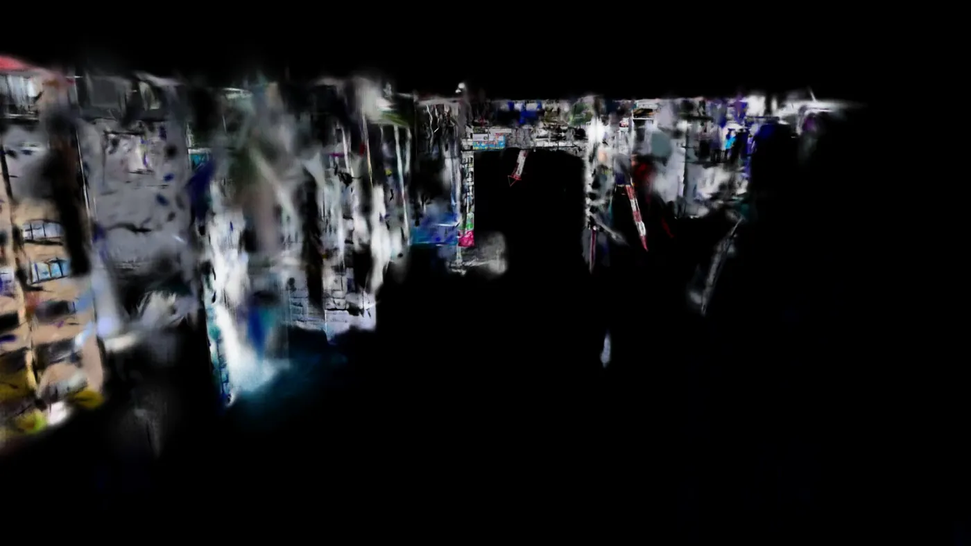 The same 3DGS seen from outside the scanned area, surfaces broken and noisy