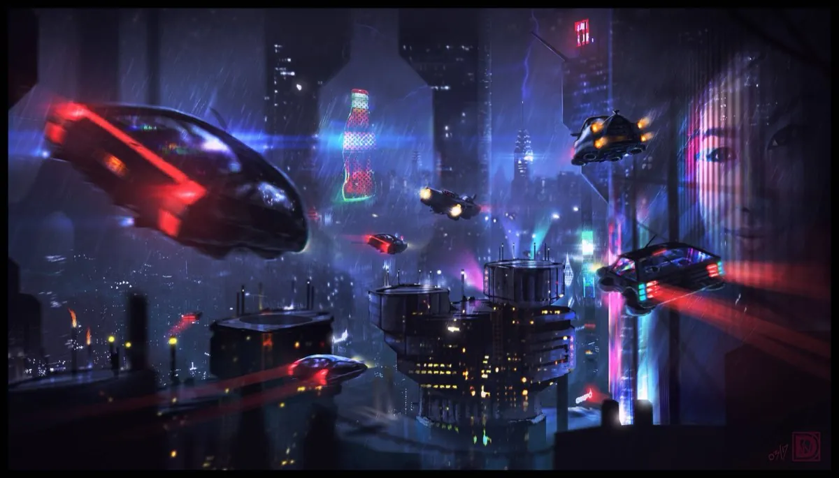 Futuristic city with flying cars