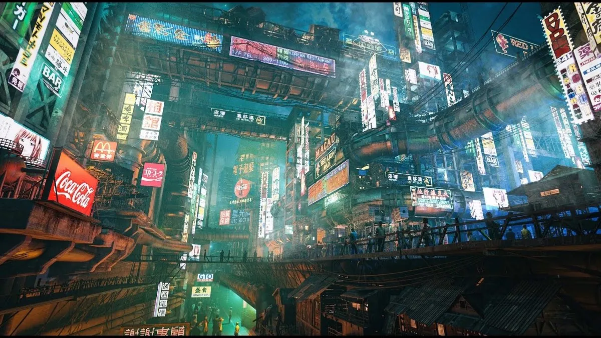 Futuristic city filled with neon billboards, each marked with a point