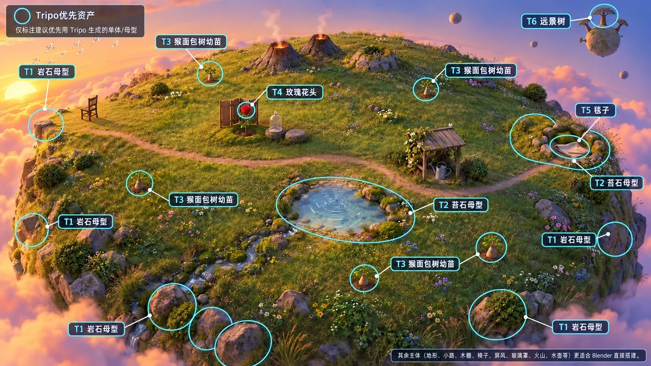 The scene reference image annotated with asset split: rock clusters, the hut, volcanoes and the pond circled in cyan with numbered labels, a Tripo-priority-assets note in the corner