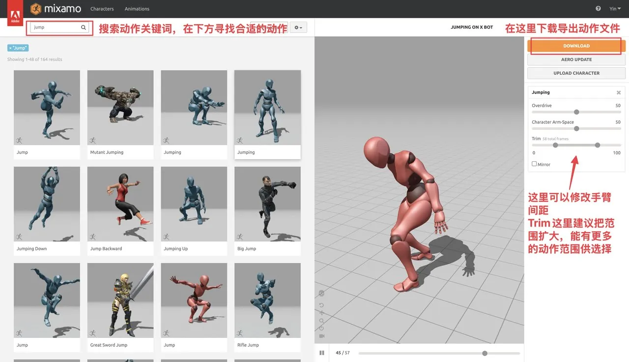 mixamo web interface: motion library grid and search box on the left, preview character and parameter panel on the right, red annotations marking keyword search, the download button and arm-spread adjustment