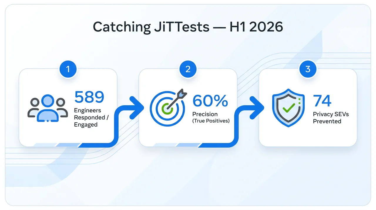 Meta 2026 年上半年 Catching JiTTests 数据：589 名工程师参与，60% 真阳性，74 个严重隐私 SEV 被提前拦截。
