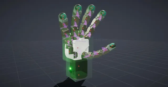 A dexterous robotic hand shown with link, joint, and collision geometry overlays