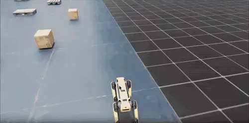 A GIF showing Spot quadruped navigating between warehouse racks, pallets, boxes, and floor markings