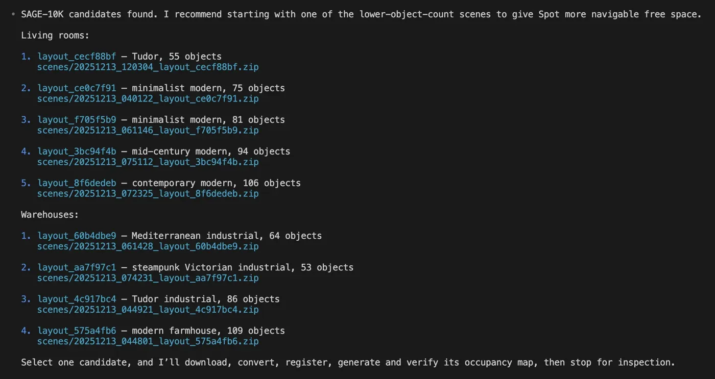 Terminal output lists compatible SAGE-10K living room and warehouse scenes with metadata