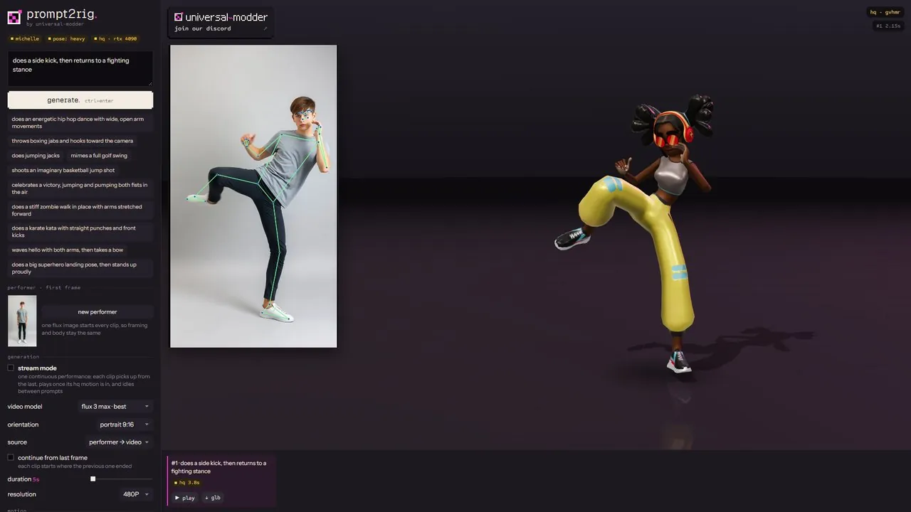 prompt2rig browser interface with the generated performer video and landmark overlay on the left, a Mixamo character on the right, and a queue of generated takes along the bottom.