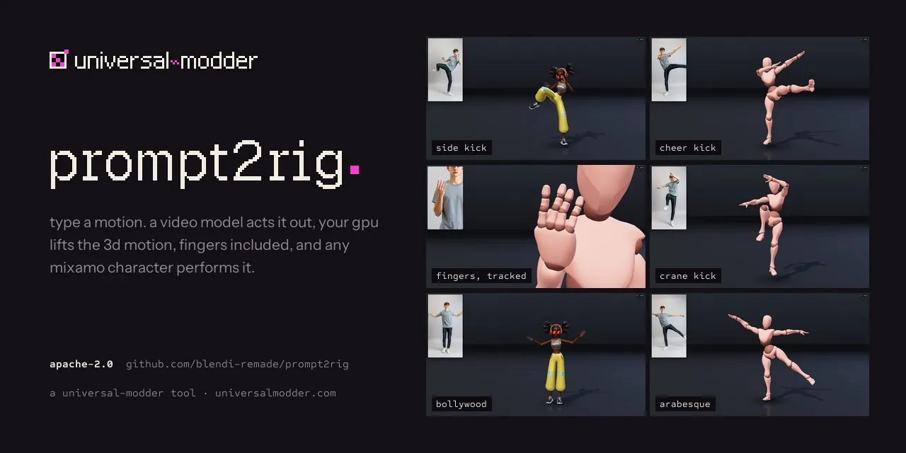 prompt2rig banner showing six pipeline examples, including side kick, cheer kick, tracked fingers, crane kick, Bollywood pose, and arabesque.