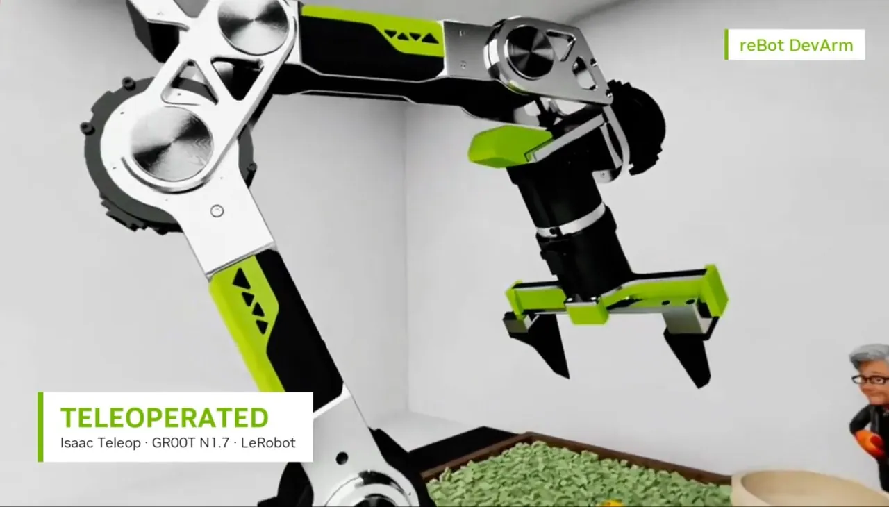Two reBot arms teleoperated in simulation with GR00T N1.7 and LeRobot labels