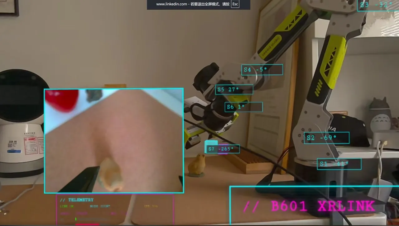 Operator teleoperating reBot-DevArm with a VR controller next to the arm running a YOLO grasp demo