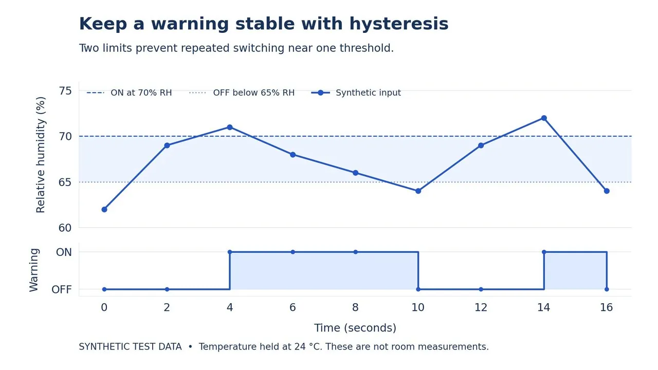Two-panel chart: synthetic relative humidity over 16 seconds at a fixed 24 C crossing 70% and 65% limits, with the warning state below turning on at 71%, staying on at 68% and off at 64%