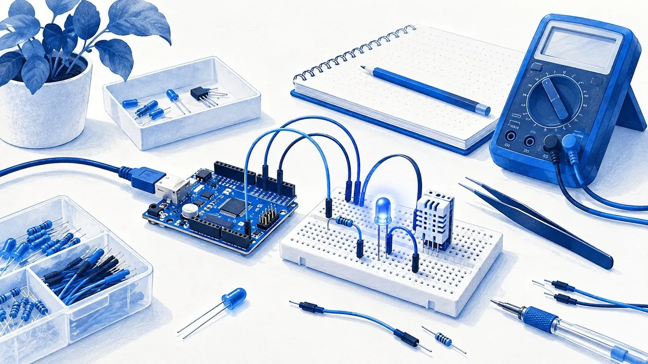 A small development board, a sensor breakout and a lit LED on a workbench, the starting point of a first hardware build