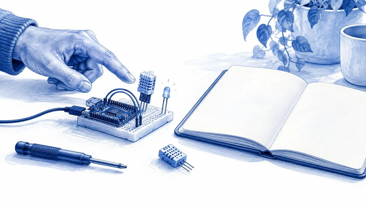 A written specification sheet next to a development board, deciding what a successful build does before deciding what it looks like