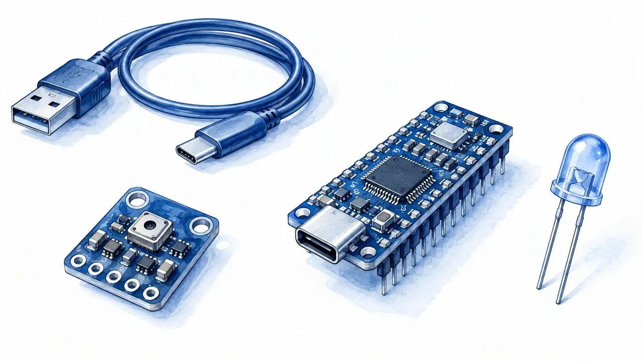 Four labelled blocks for power, sensing, processing and output arranged as one signal path