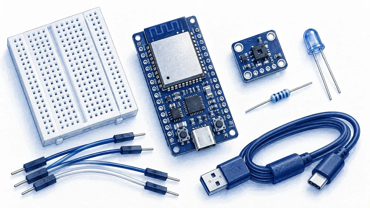 A complete set of compatible parts laid out: development board, sensor breakout, LED, resistor, breadboard, jumpers and USB cable