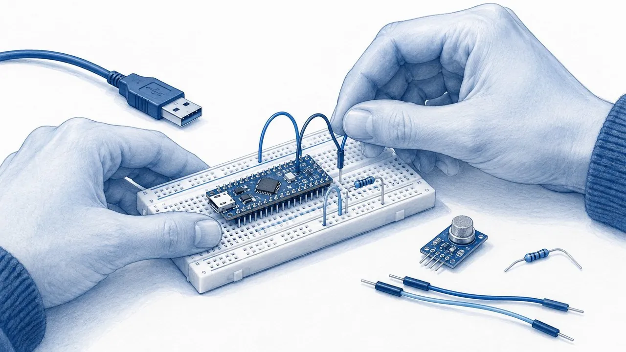 A breadboard prototype with short traceable jumper wires, a sensor breakout and an LED, easy to modify without rebuilding