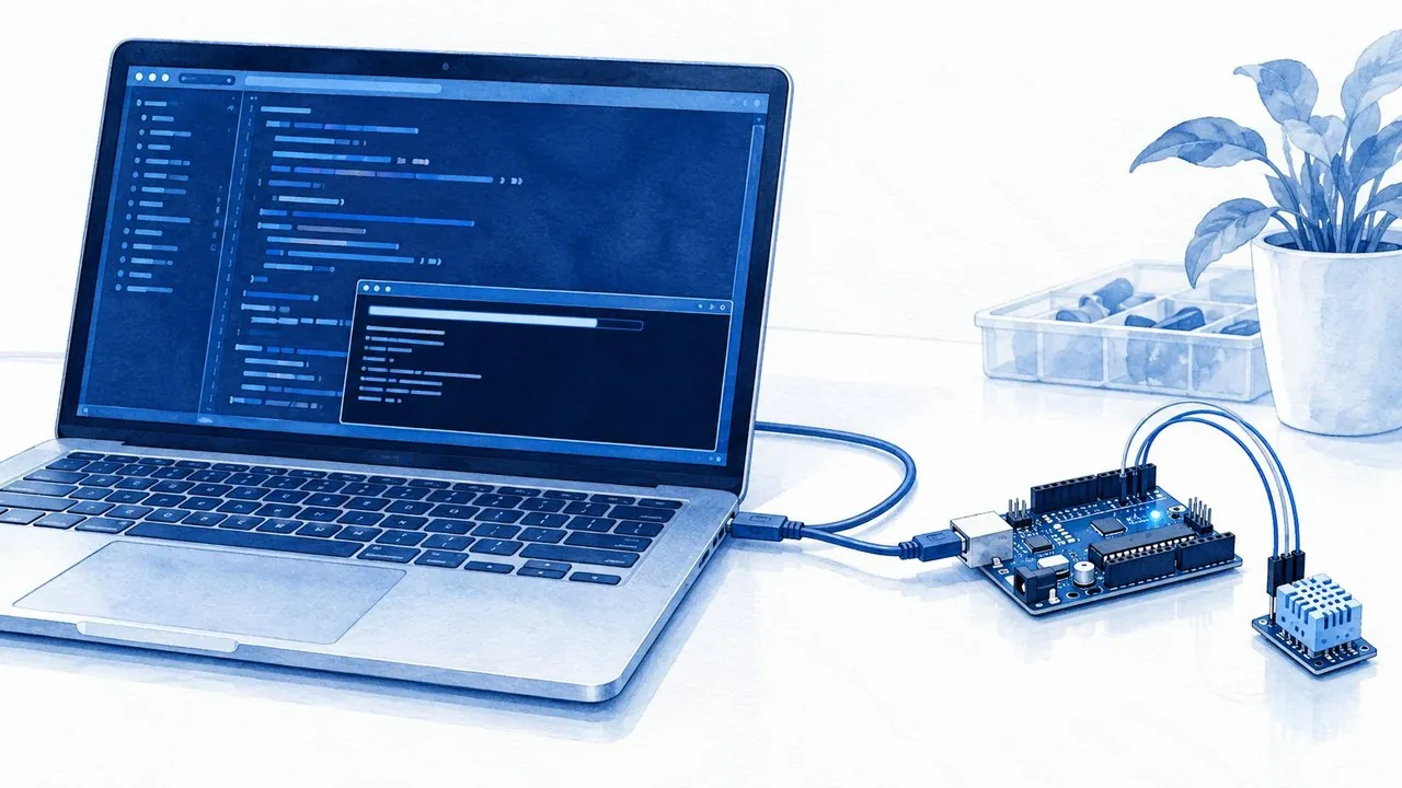 A computer running the Arduino IDE next to a connected development board, confirming the upload path and serial output