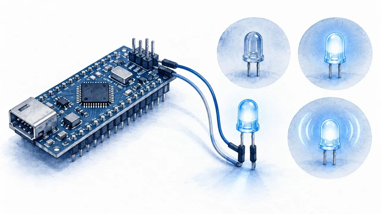 Three device states shown side by side: LED off for normal, LED on for warning, LED blinking for sensor error