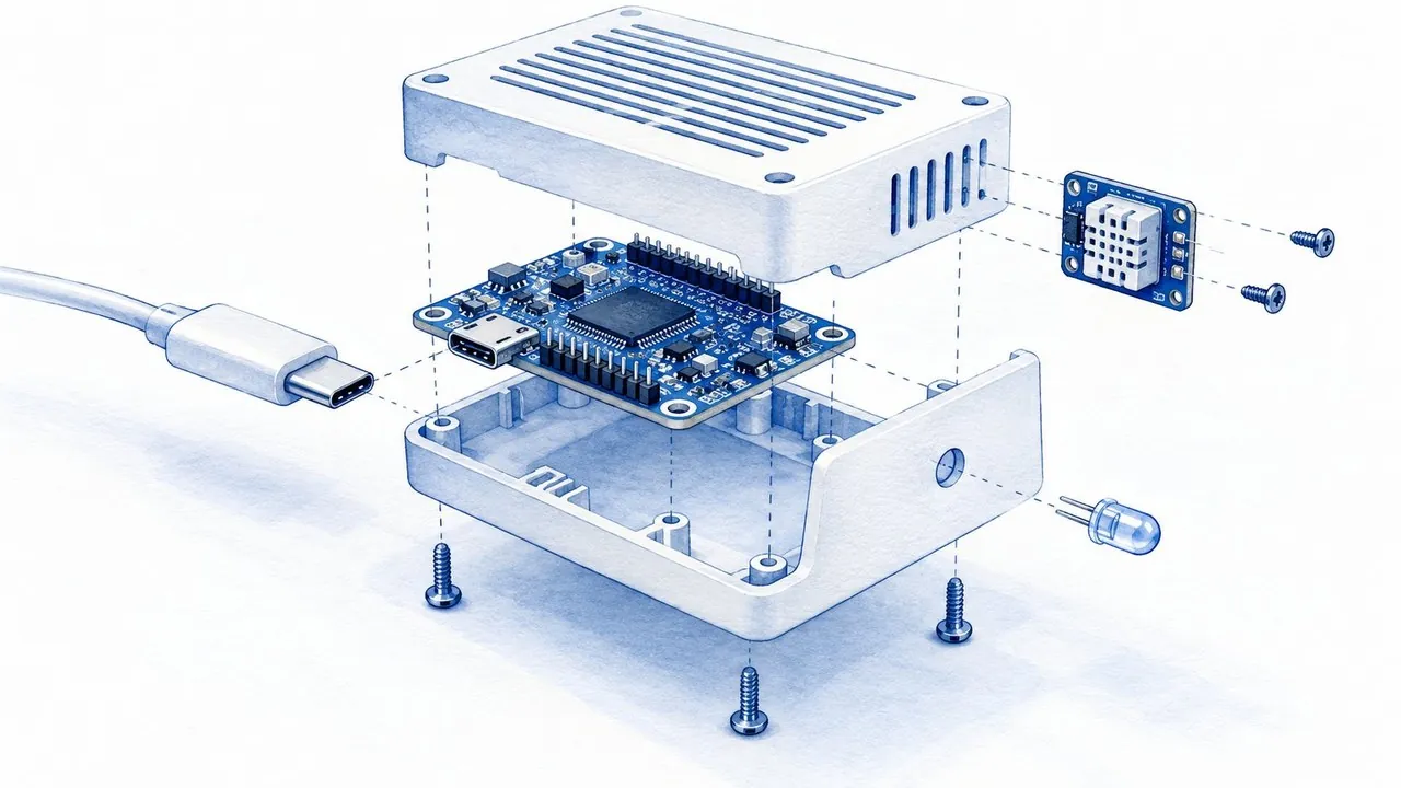 A ventilated enclosure holding the board with the sensor positioned near an opening so it samples room air
