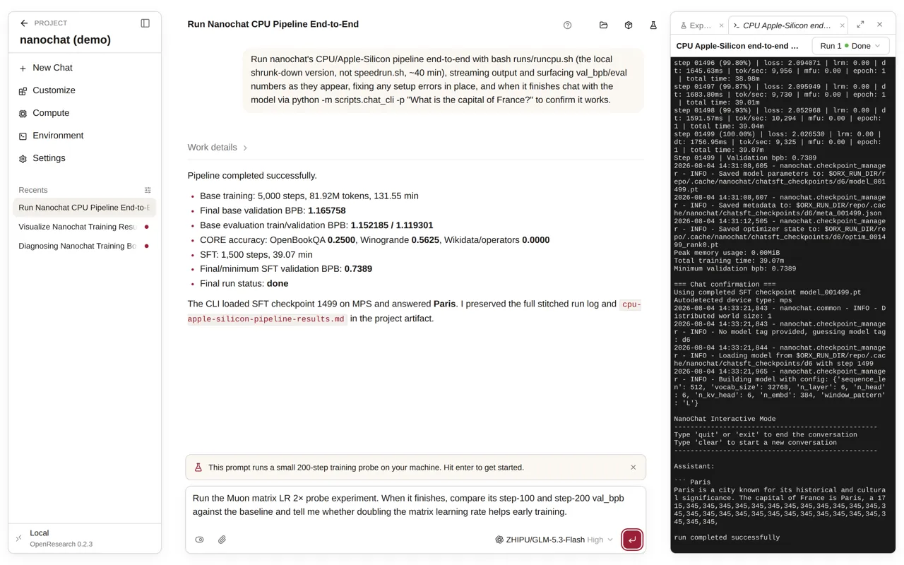 OpenResearch run log terminal showing training progress and the final chat probe