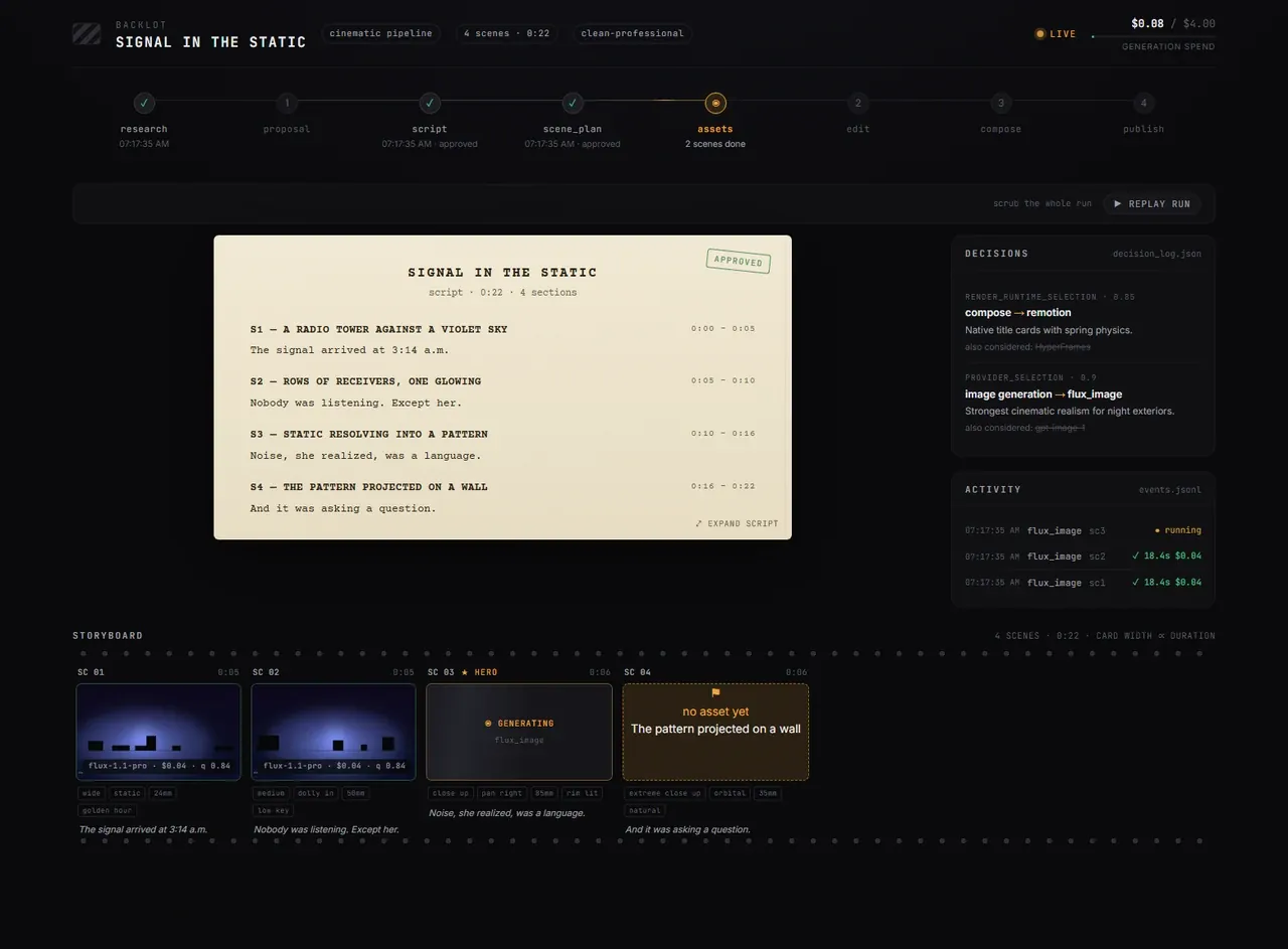 Backlot live board: pipeline stage lights on top, the landed screenplay page in the middle, provider decisions and spend on the right, generating scene cards below