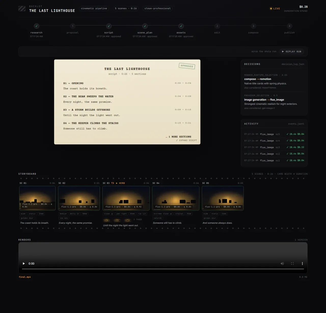 Backlot storyboard gate: a filmstrip where each scene card lists multiple takes and renders, with an approval prompt waiting below