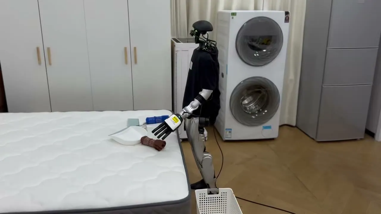G1 executing the clean_bed task in a bedroom, a typical household loco-manipulation scene
